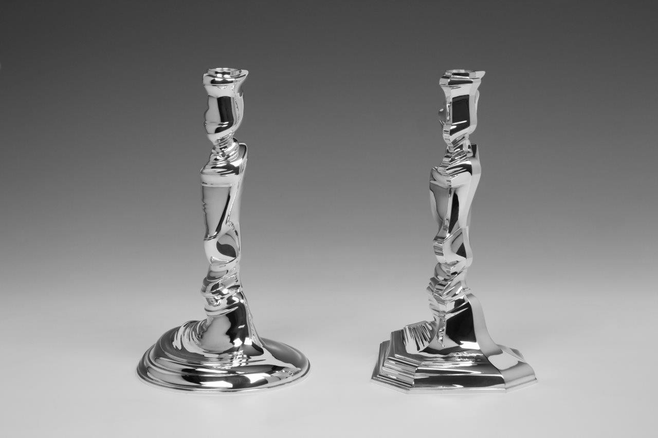 Pair sterling silver candlesticks Style Mix, designed and executed by silversmith Wouter van Baalen, Amsterdam 2020