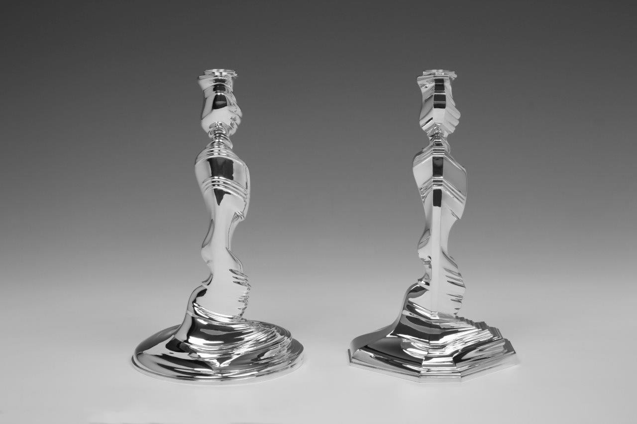 Pair sterling silver candlesticks Style Mix, designed and executed by silversmith Wouter van Baalen, Amsterdam 2020