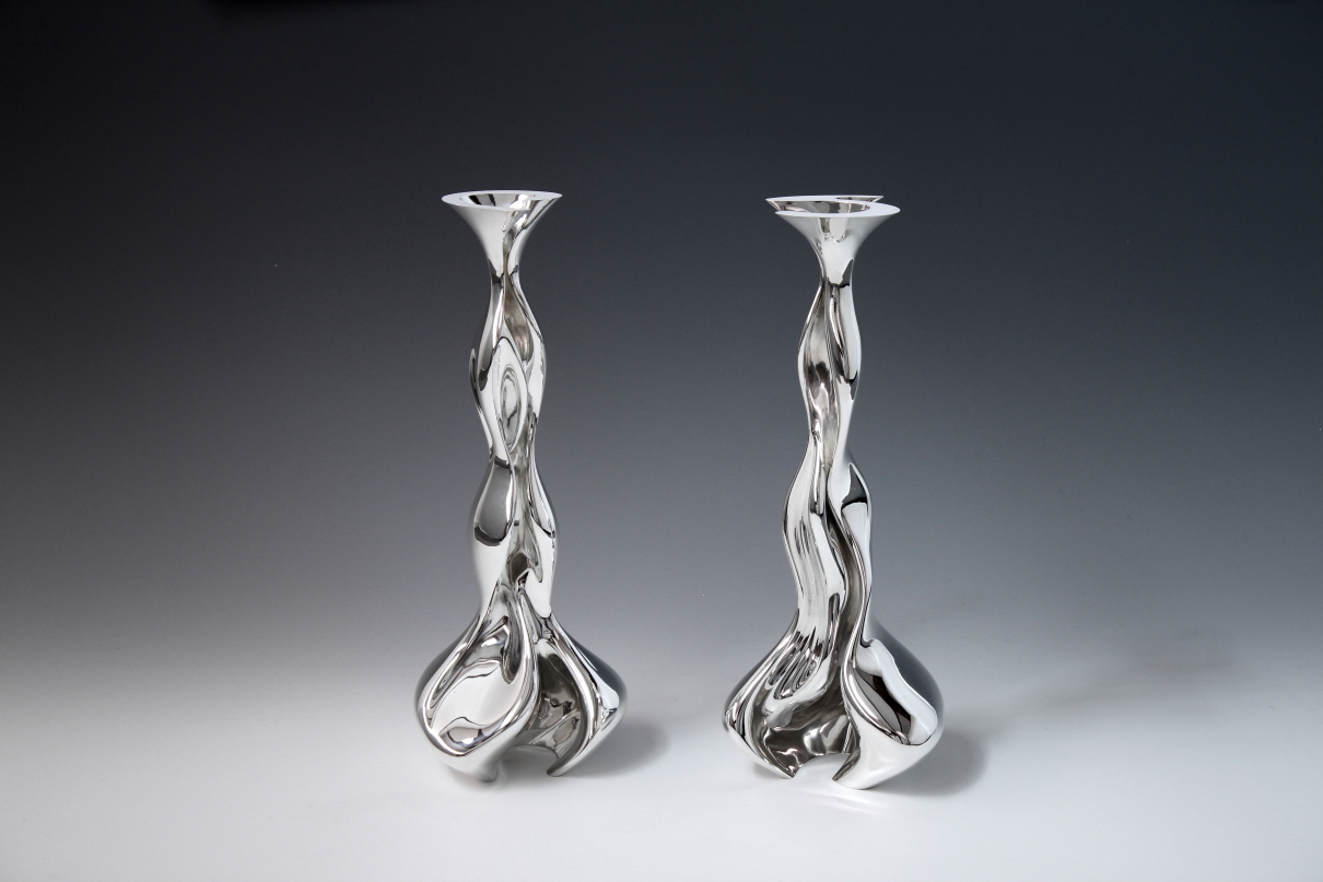 Pair of sterling silver objects Candle Sticks Sequence II, designed and executed by silversmith Wouter van Baalen, Amsterdam 2018