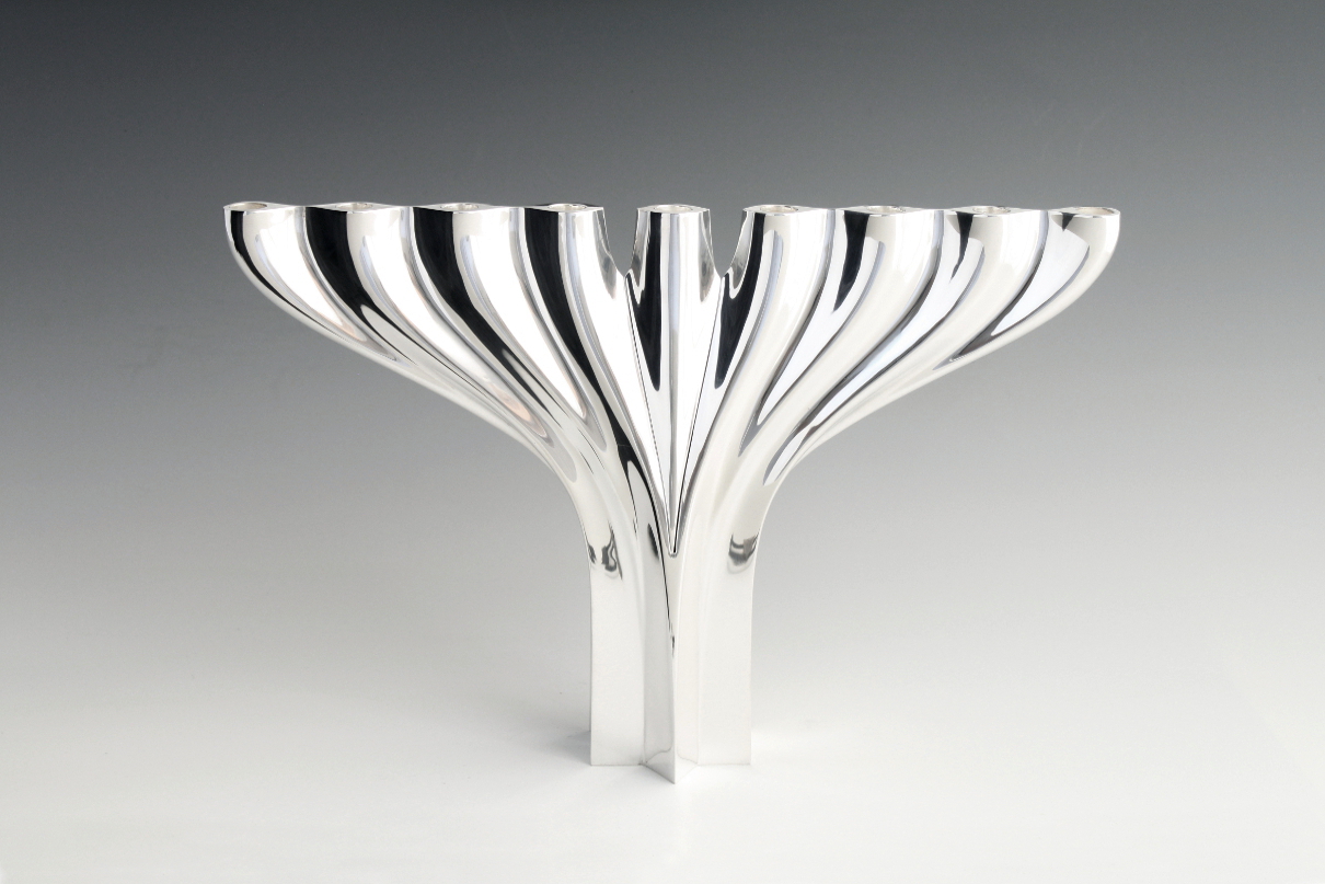 Sterling silver CHANUKIAH, Chanuka menorah, designed and executed by silversmith Wouter van Baalen, Amsterdam 2014