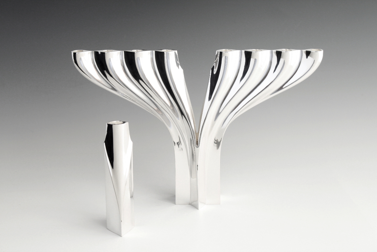 Sterling silver CHANUKIAH, Chanuka menorah, designed and executed by silversmith Wouter van Baalen, Amsterdam 2014