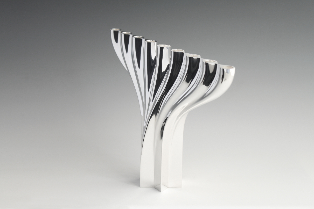 Sterling silver CHANUKIAH, Chanuka menorah, designed and executed by silversmith Wouter van Baalen, Amsterdam 2014