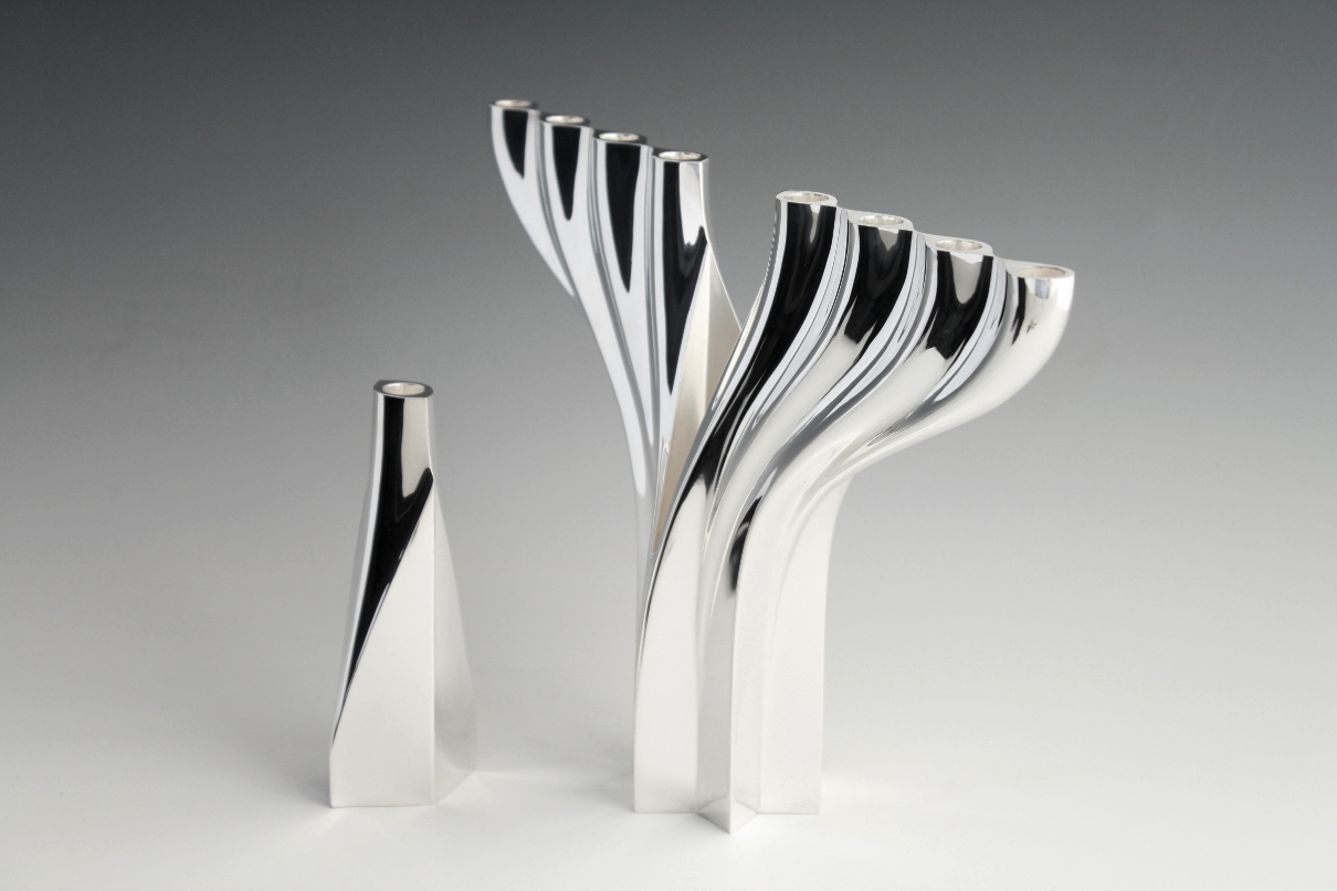 Sterling silver CHANUKIAH, Chanuka menorah, designed and executed by silversmith Wouter van Baalen, Amsterdam 2014