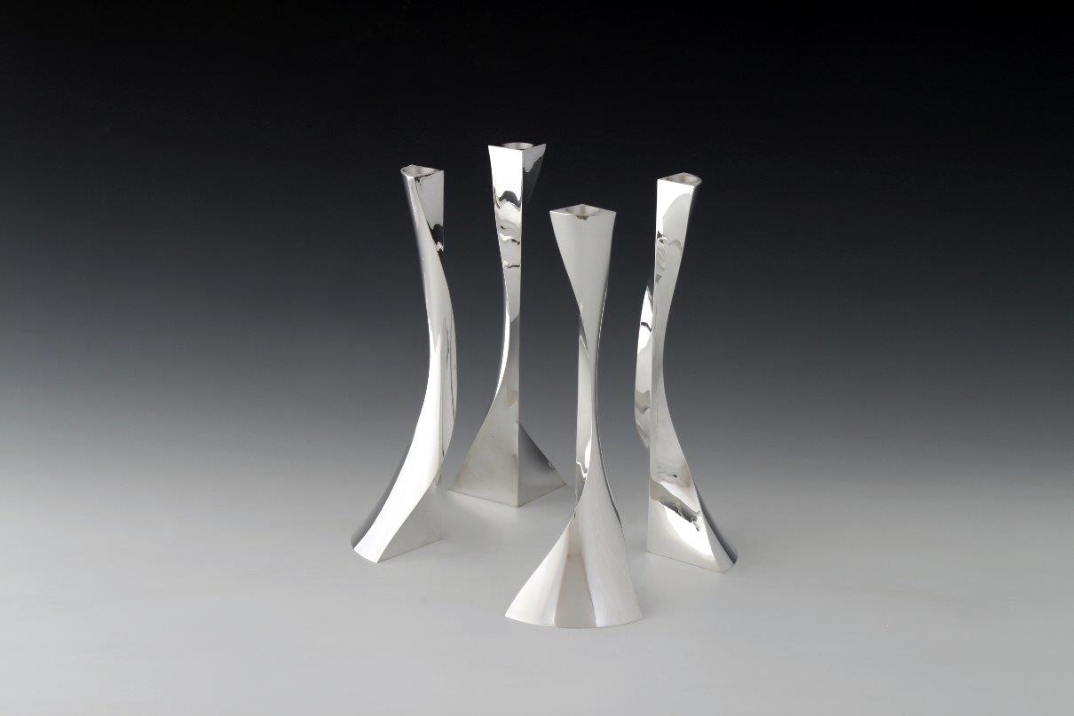 Sterling silver candlesticks Fourfold round, designed and executed by silversmith Wouter van Baalen, Amsterdam 2009