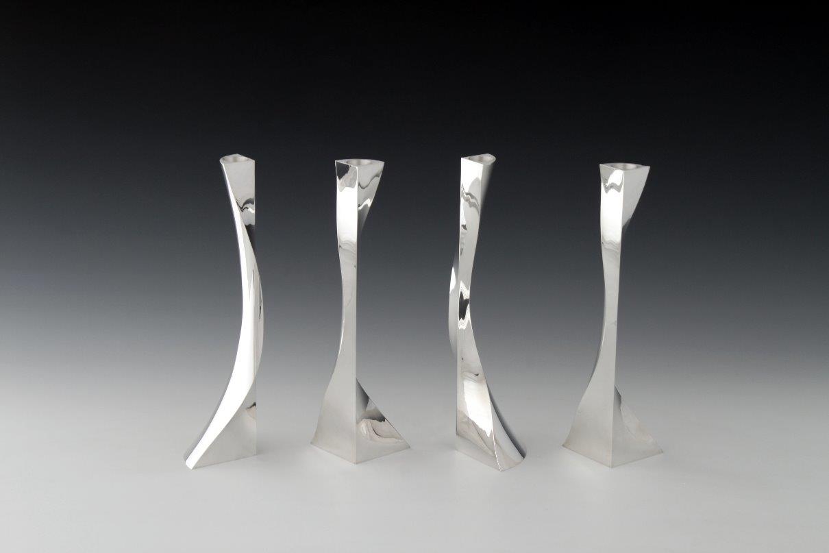 Sterling silver candlesticks Fourfold round, designed and executed by silversmith Wouter van Baalen, Amsterdam 2009