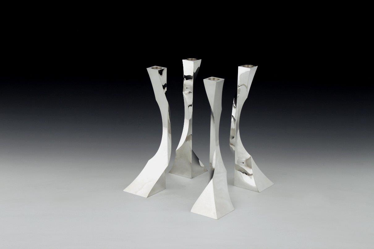 Sterling silver candlesticks Fourfold square, designed and executed by silversmith Wouter van Baalen, Amsterdam 2009