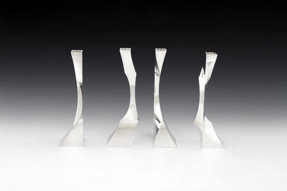 Sterling silver candlesticks Fourfold square, designed and executed by silversmith Wouter van Baalen, Amsterdam 2009