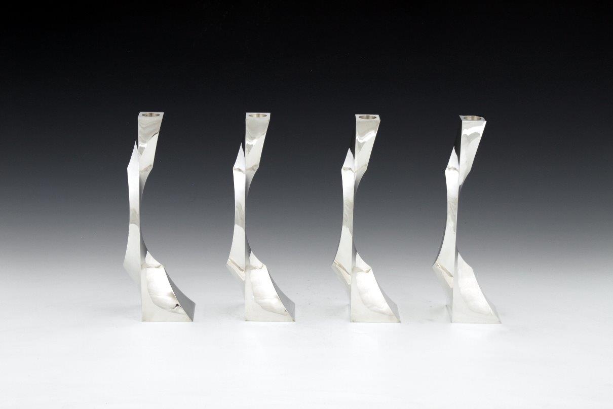 Sterling silver candlesticks Fourfold square, designed and executed by silversmith Wouter van Baalen, Amsterdam 2009