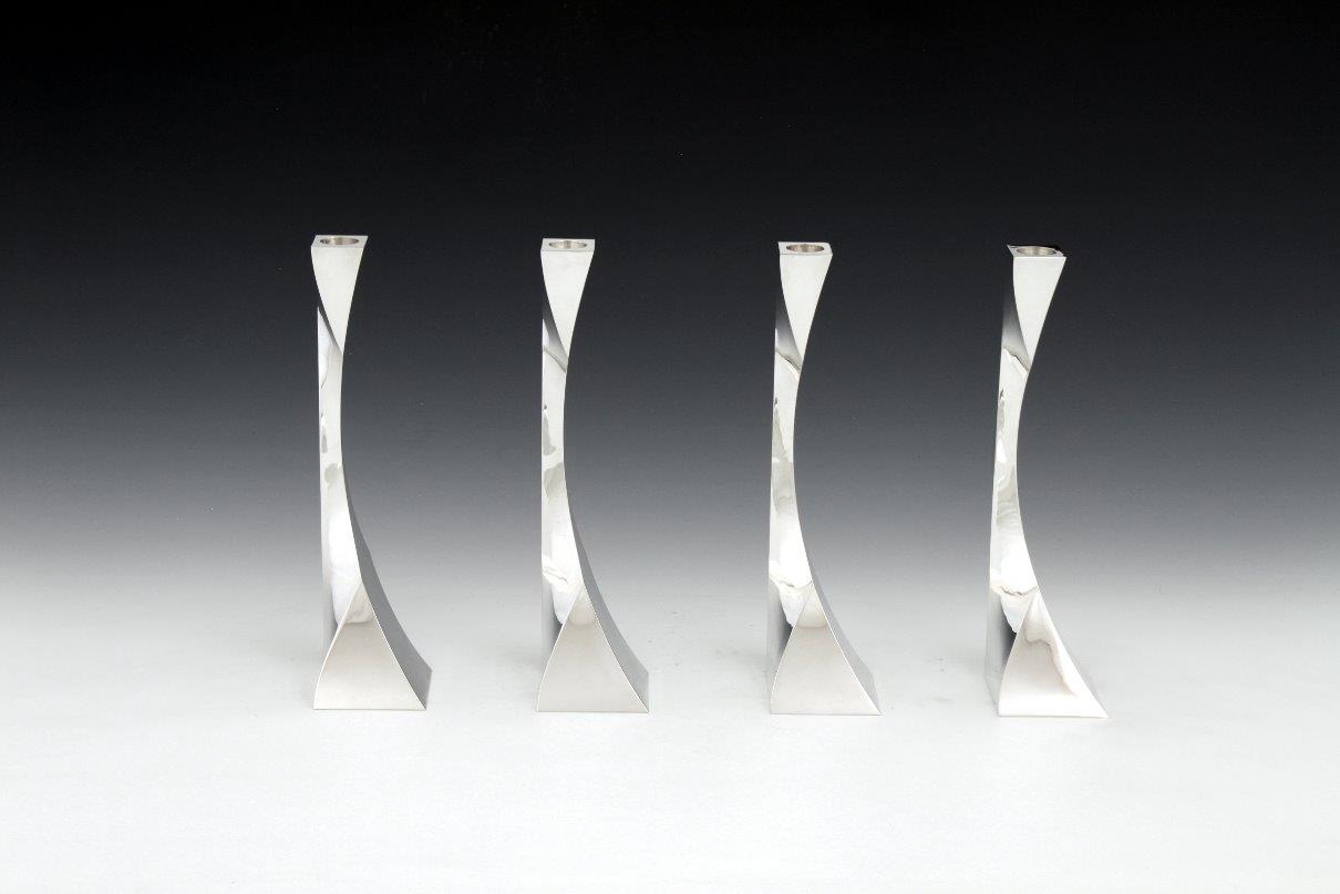 Sterling silver candlesticks Fourfold square, designed and executed by silversmith Wouter van Baalen, Amsterdam 2009