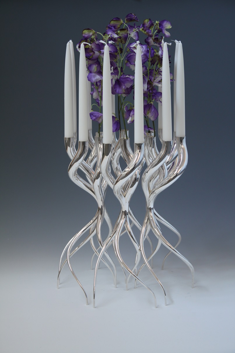 Sterling silver Candle & Flowertree. Designed and executed by silversmith Wouter van Baalen, Amsterdam 2017