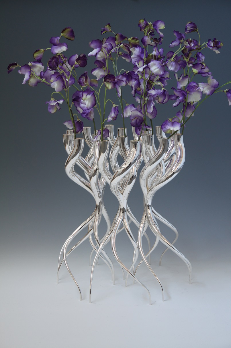 Sterling silver Candle & Flowertree. Designed and executed by silversmith Wouter van Baalen, Amsterdam 2017