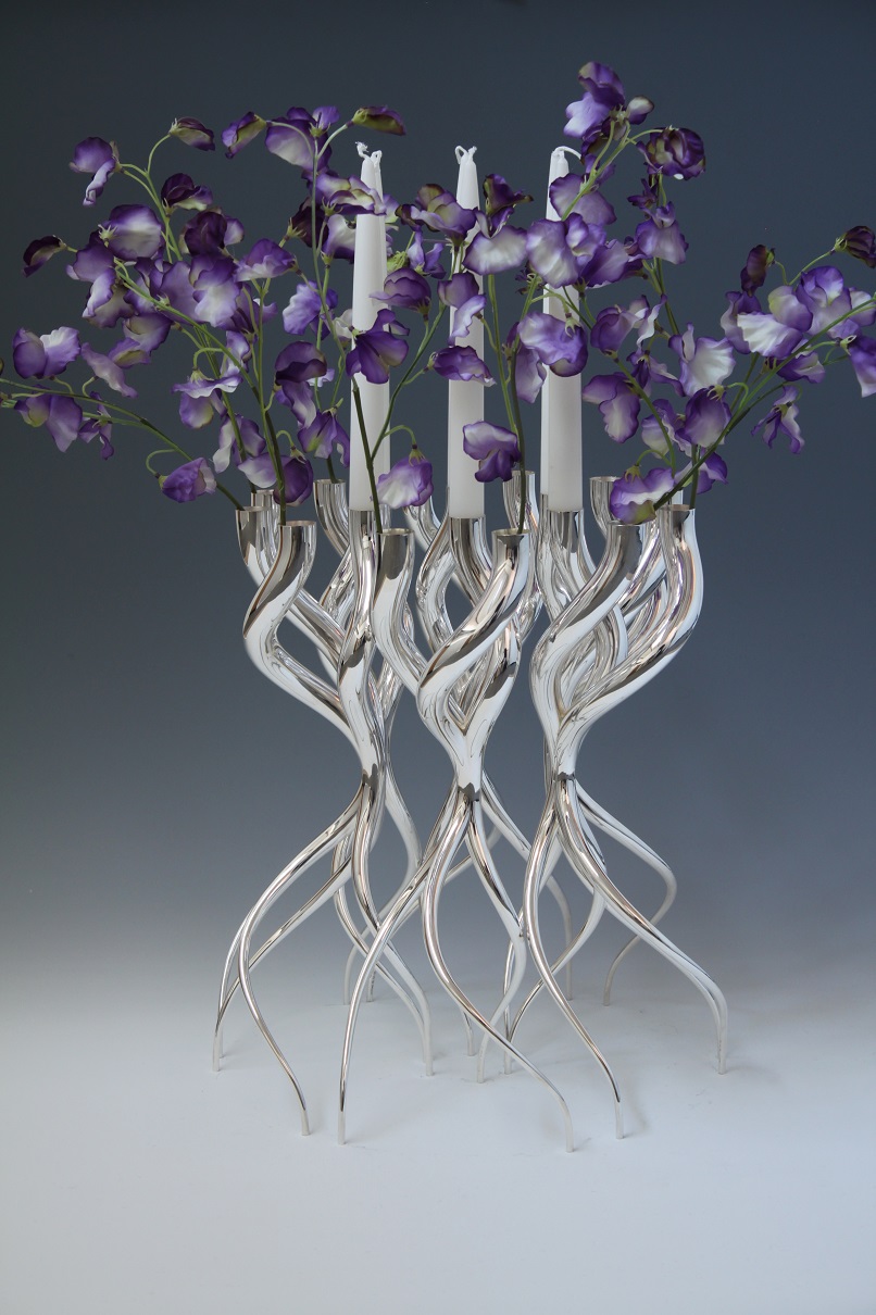 Sterling silver Candle & Flowertree. Designed and executed by silversmith Wouter van Baalen, Amsterdam 2017