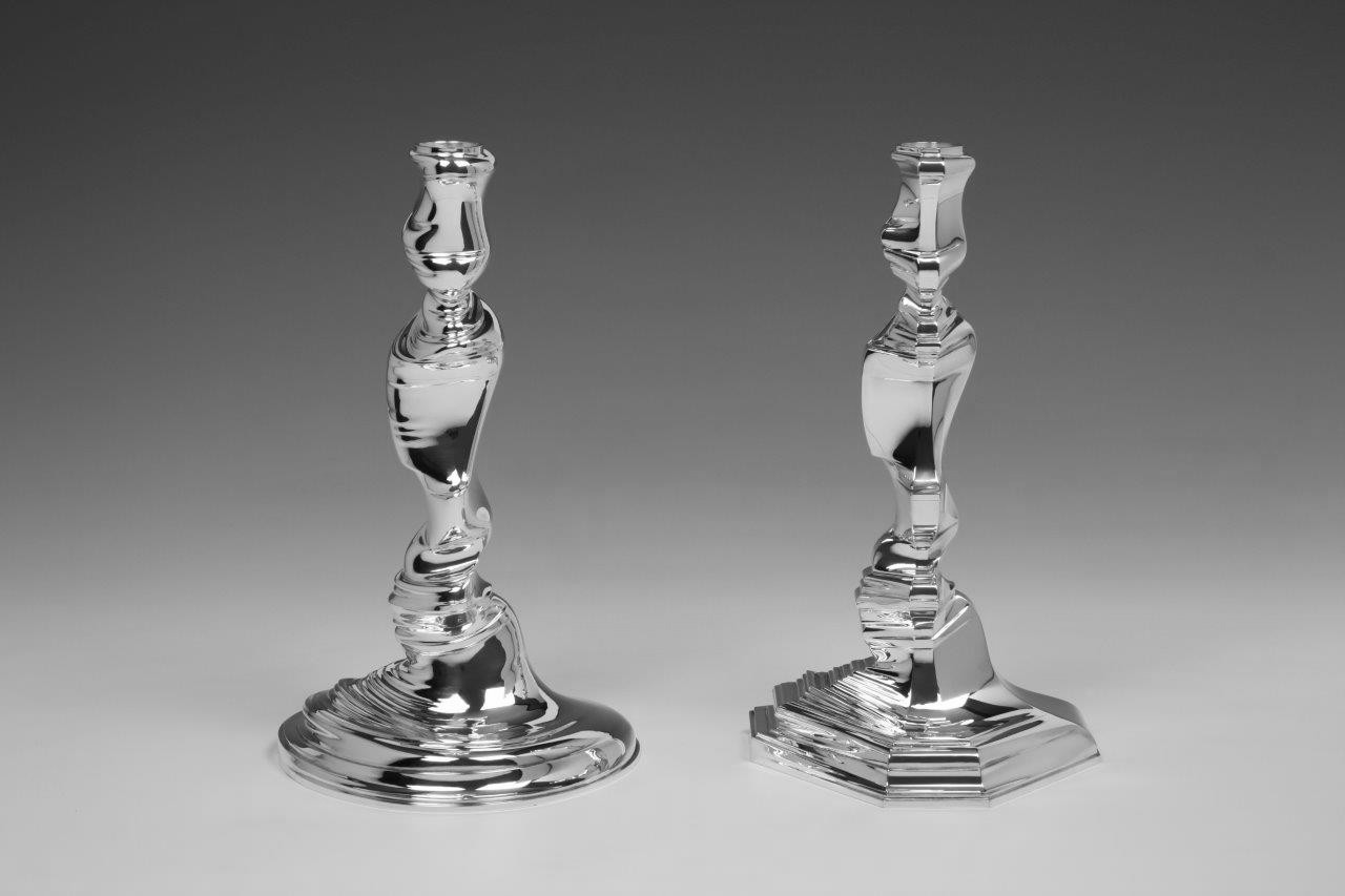 Pair sterling silver candlesticks Style Mix, designed and executed by silversmith Wouter van Baalen, Amsterdam 2020