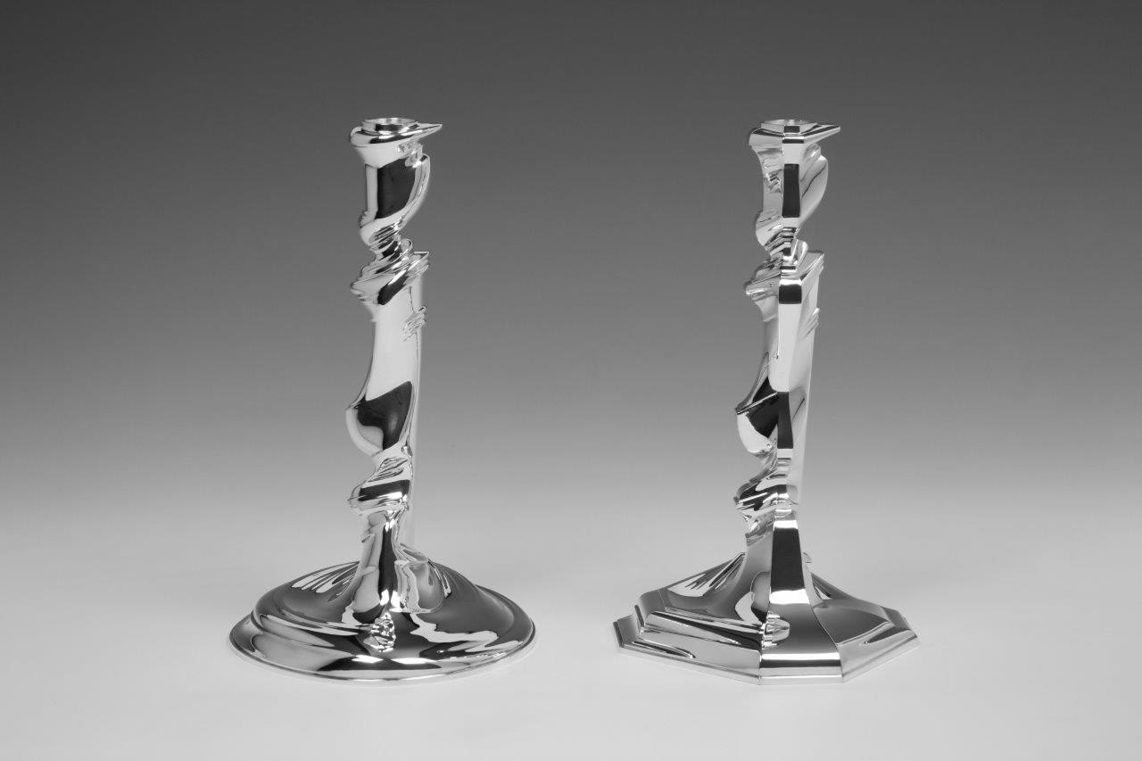 Pair sterling silver candlesticks Style Mix, designed and executed by silversmith Wouter van Baalen, Amsterdam 2020