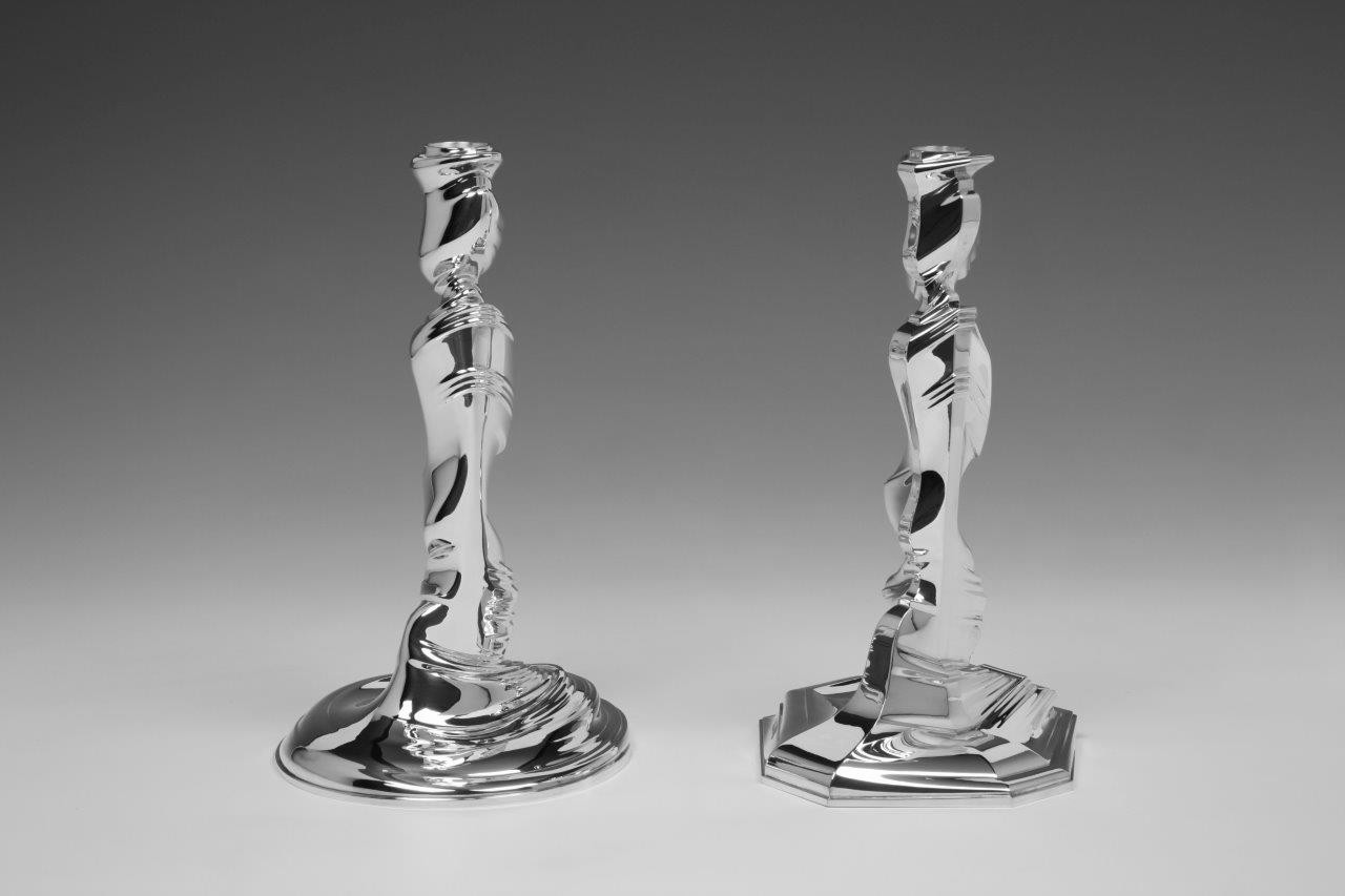 Pair sterling silver candlesticks Style Mix, designed and executed by silversmith Wouter van Baalen, Amsterdam 2020