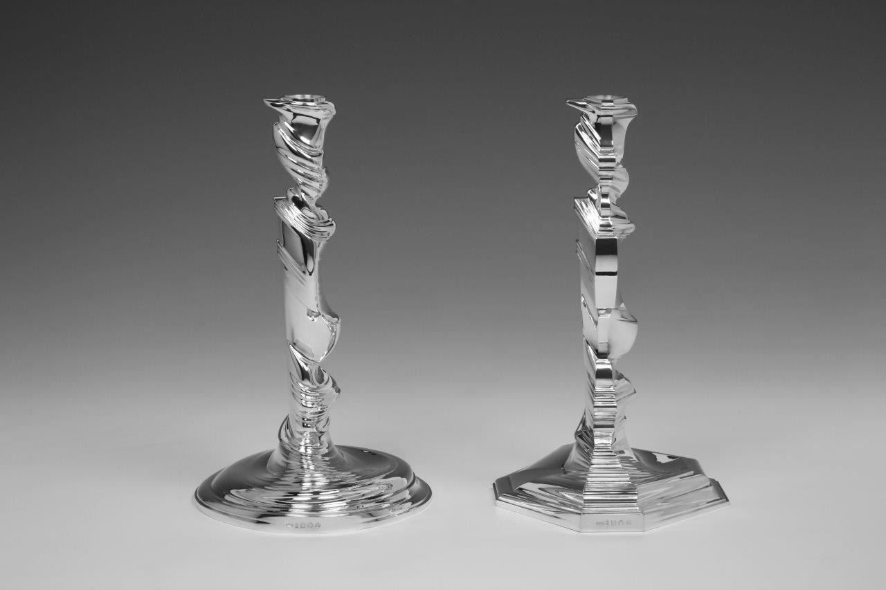 Pair sterling silver candlesticks Style Mix, designed and executed by silversmith Wouter van Baalen, Amsterdam 2020