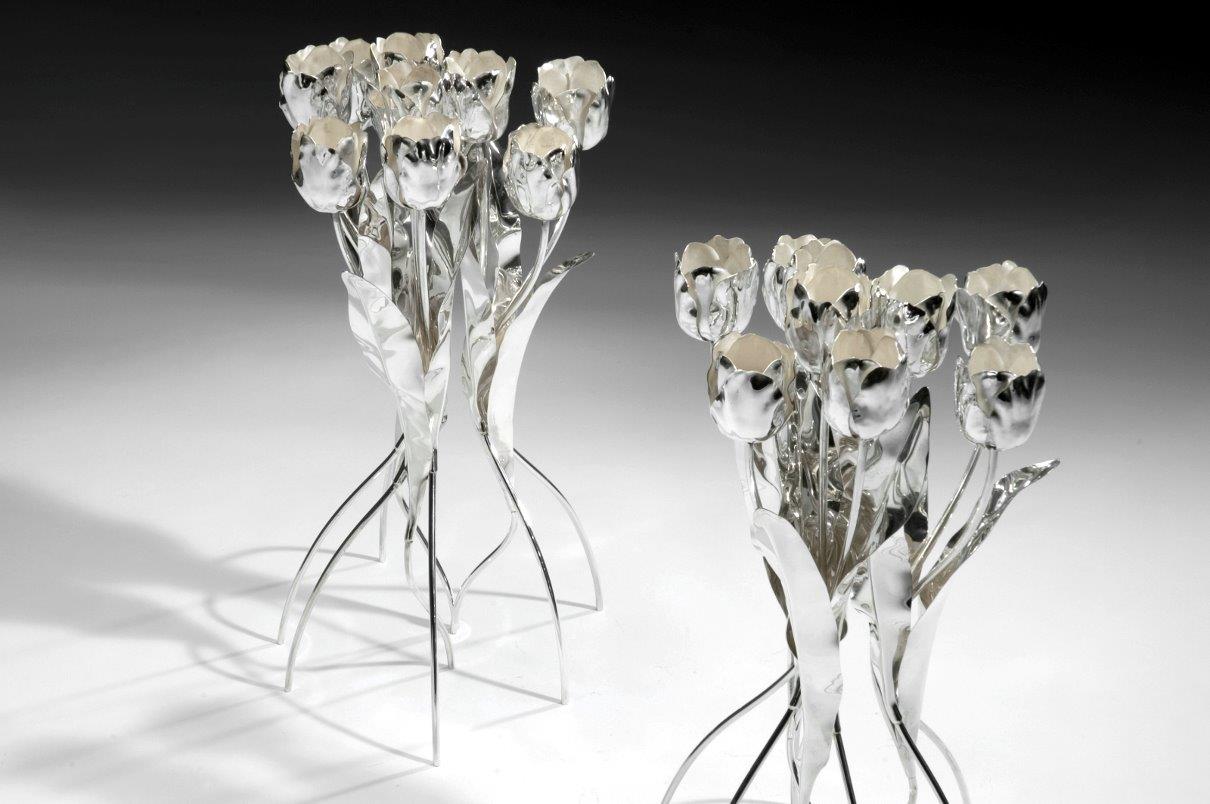 Six candle holders DANCING TULIPS. Designed and executed by Dutch silversmith Wouter van Baalen. Gift from the Government of the Kingdom of the Netherlands to Her Majesty Queen Beatrix on the occasion of her Silver Jubilee as Head of State in 2005. Designed and executed by silversmith Wouter van Baalen. Schoonhoven 2005