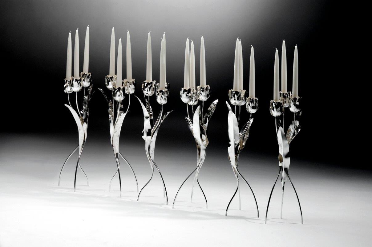 Six candle holders DANCING TULIPS. Designed and executed by Dutch silversmith Wouter van Baalen. Gift from the Government of the Kingdom of the Netherlands to Her Majesty Queen Beatrix on the occasion of her Silver Jubilee as Head of State in 2005. Designed and executed by silversmith Wouter van Baalen. Schoonhoven 2005