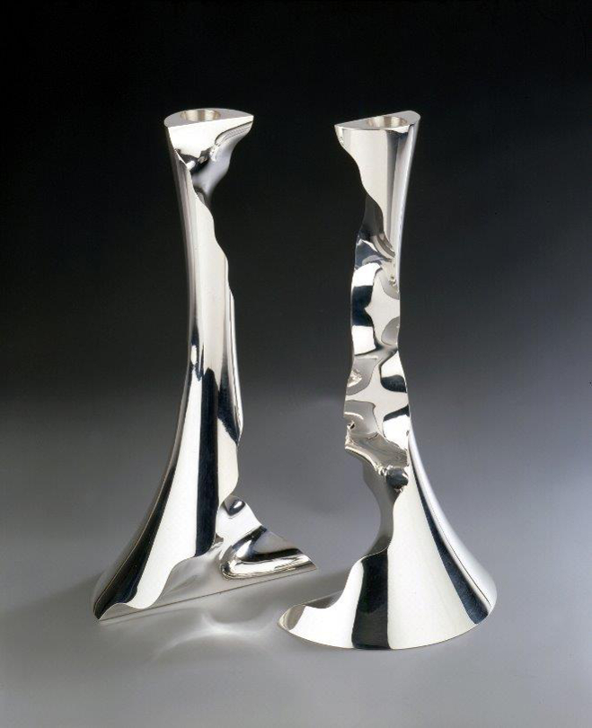Silver candle sticks Sinus III, designed and executed by silversmith Wouter van Baalen, Schoonhoven 2003