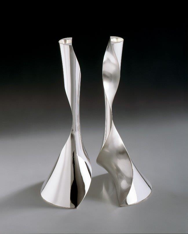 Pair of sterling silver candlesticks Sinus II. Engagement gift from the town of Schoonhoven to HM King Willem-Alexander and HM Queen Maxima of the Netherlands. Designed and executed by silversmith Wouter van Baalen. Schoonhoven 2001