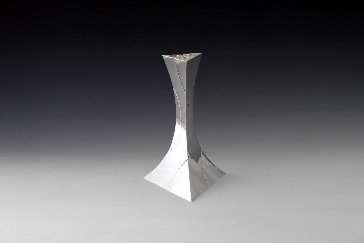 Silver candlesticks Threefold triangle, designed and executed by silversmith Wouter van Baalen, Amsterdam 2012