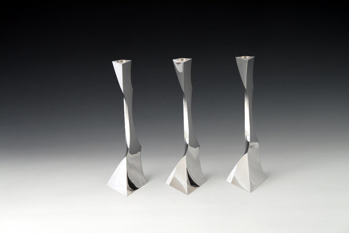 Sterling silver candlesticks Threefold triangle, designed and executed by silversmith Wouter van Baalen, Amsterdam 2010