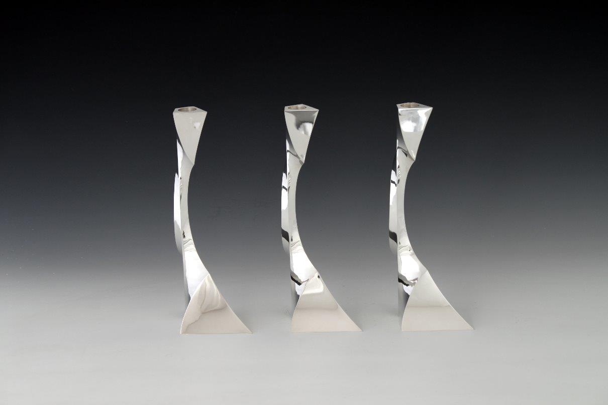Silver candlesticks Threefold triangle, designed and executed by silversmith Wouter van Baalen, Amsterdam 2010