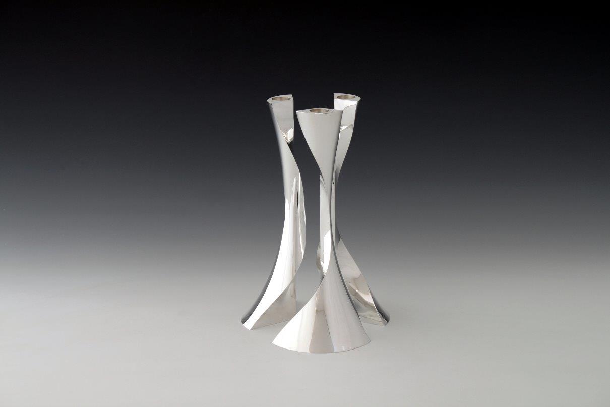 Sterling silver candlesticks Threefold round, designed and executed by silversmith Wouter van Baalen, Amsterdam 2008