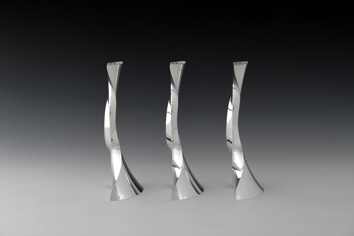 Sterling silver candlesticks Threefold round, designed and executed by silversmith Wouter van Baalen, Amsterdam 2008